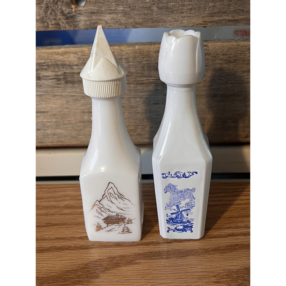 2 White Milk Glass Liqour Bottles Miniature Matterhorn Alps Scene Collectible